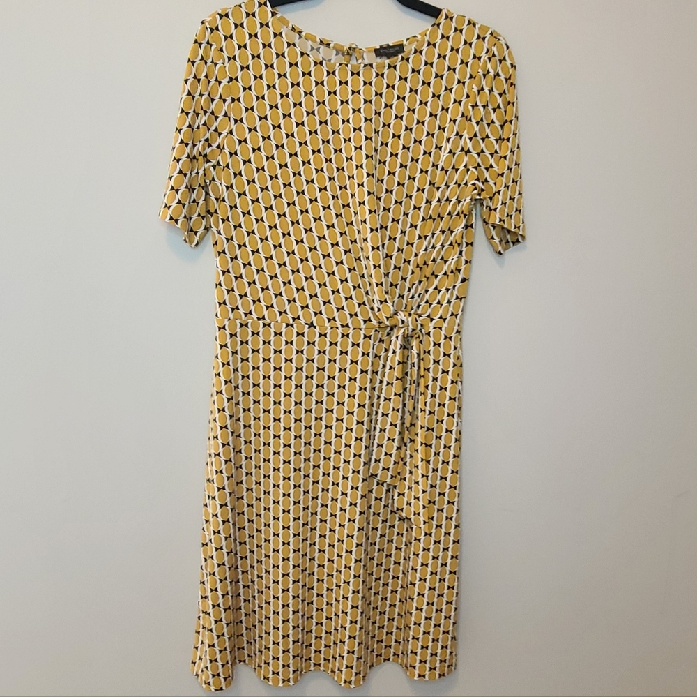 Ann Taylor Factory Faux Wrap Dress | Mustard Yellow Geo Print | Size 6 - Picture 2 of 10